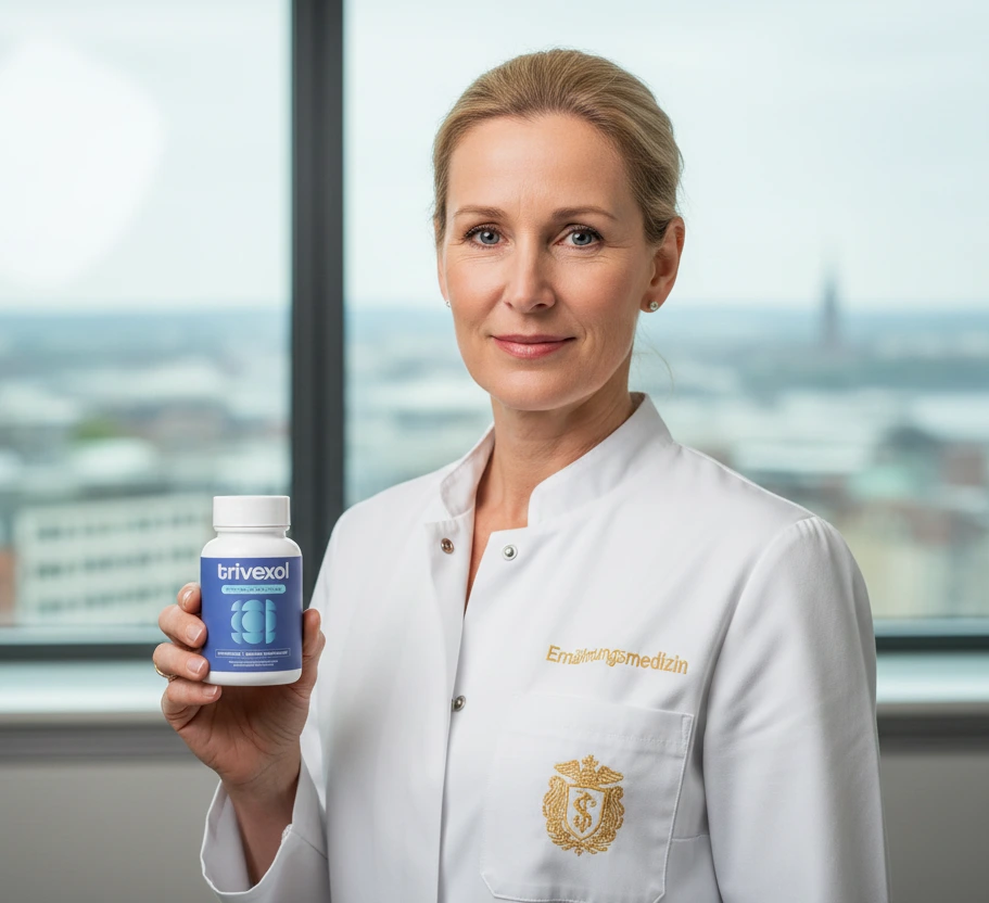 Dr. Anne Sørensen präsentiert TRIVEXOL Kapseln zur Stoffwechseloptimierung in einer modernen Klinik.